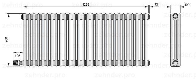 Схема (чертеж) Радиатор Zehnder Charleston 3090/28 №V003 Белый глянцевый RAL 9016